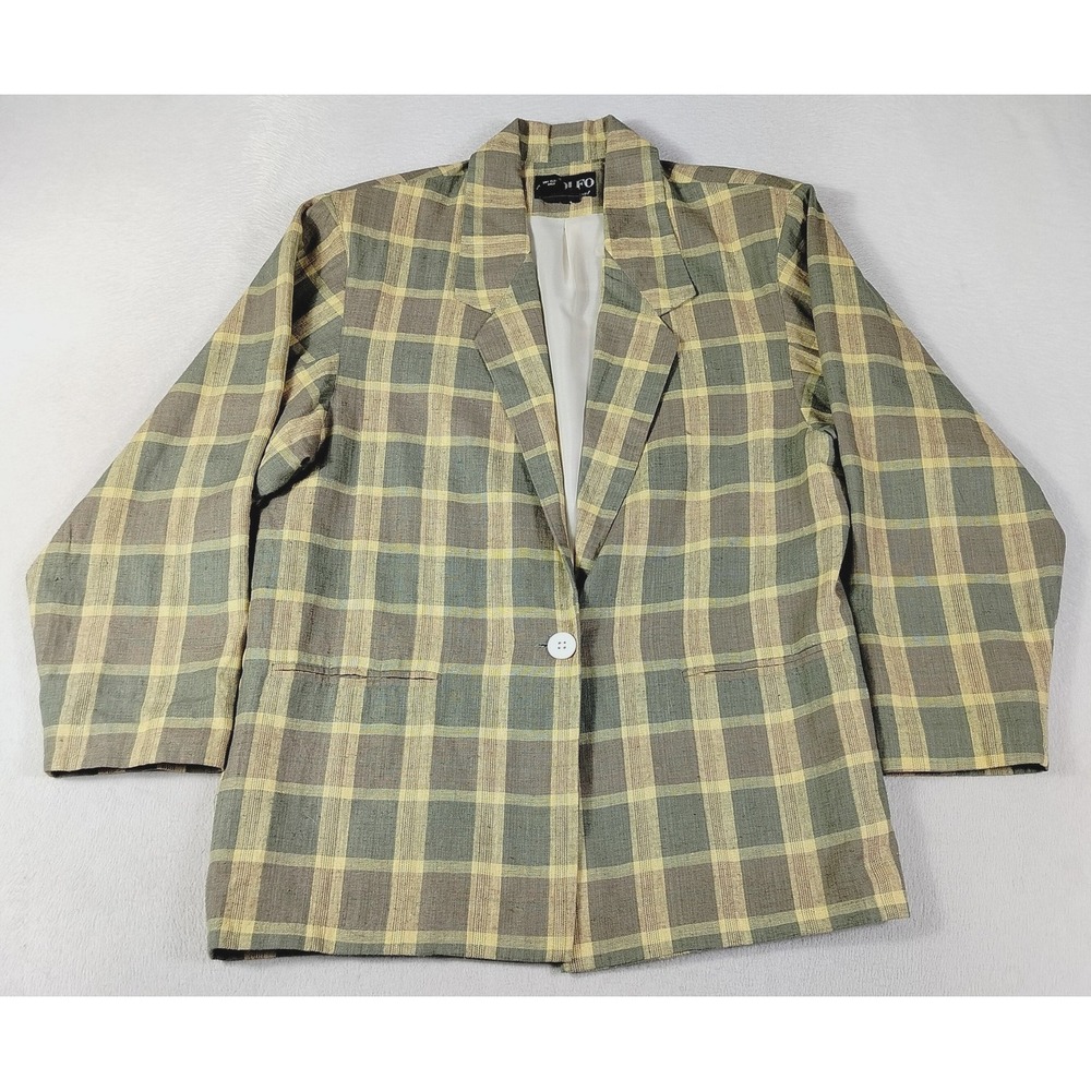 Vintage Adolfo International Blazer Womens Large Green Plaid Linen Old Money